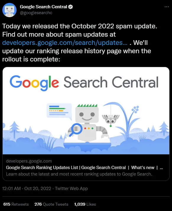 구글 서치 센터 트위터에 구글 스팸 업데이트에 대해 발표하였다.